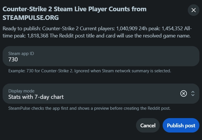 SteamPulse Live moderator preview showing the resolved game name, header image, live players, peaks, and publish button